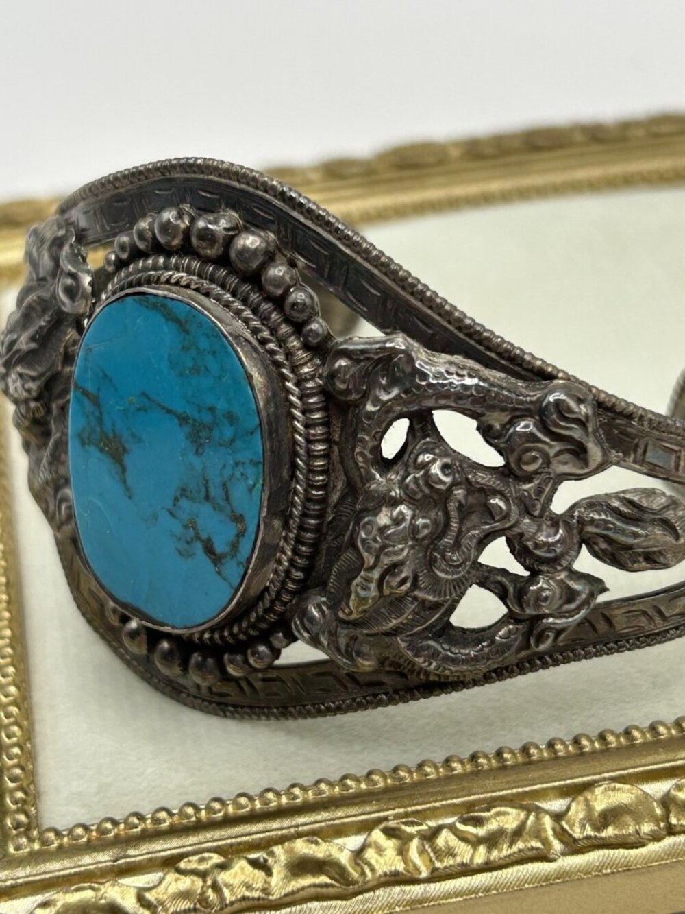 VTG Chinese Sterling Silver Dragon Turquoise Cuff Bracelet Western Blue Asian - Picture 4 of 16